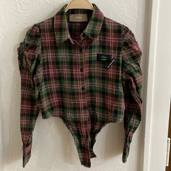 CHUU Women's Tie Front Plaid Cropped Shirt Size 165/84A (US S) In Multi - Picture 1 of 5